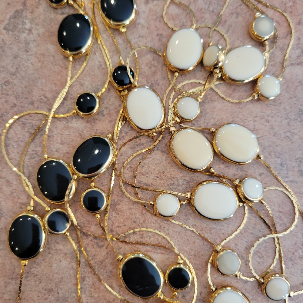 Avon Necklaces (2) ~ Shiny Gold-Tone Chain Black & Cream/White Discs ~ Y2K
